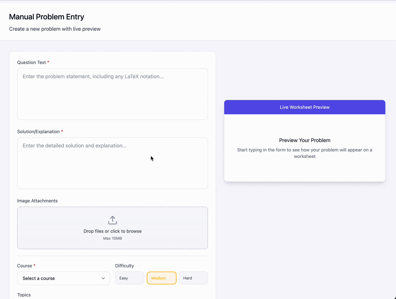 manual problem entry with live preview