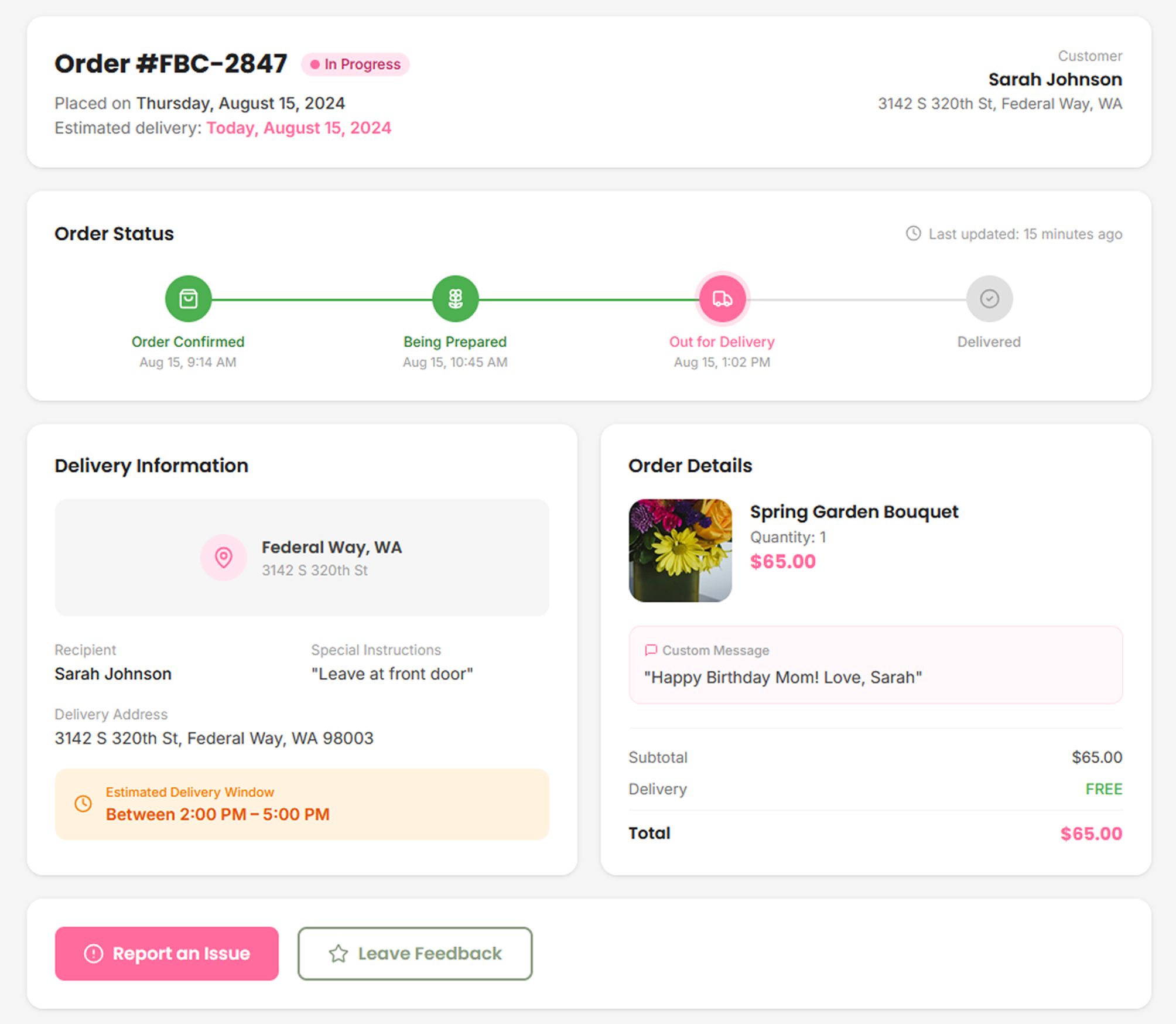 Customer-facing order tracking UI — desktop